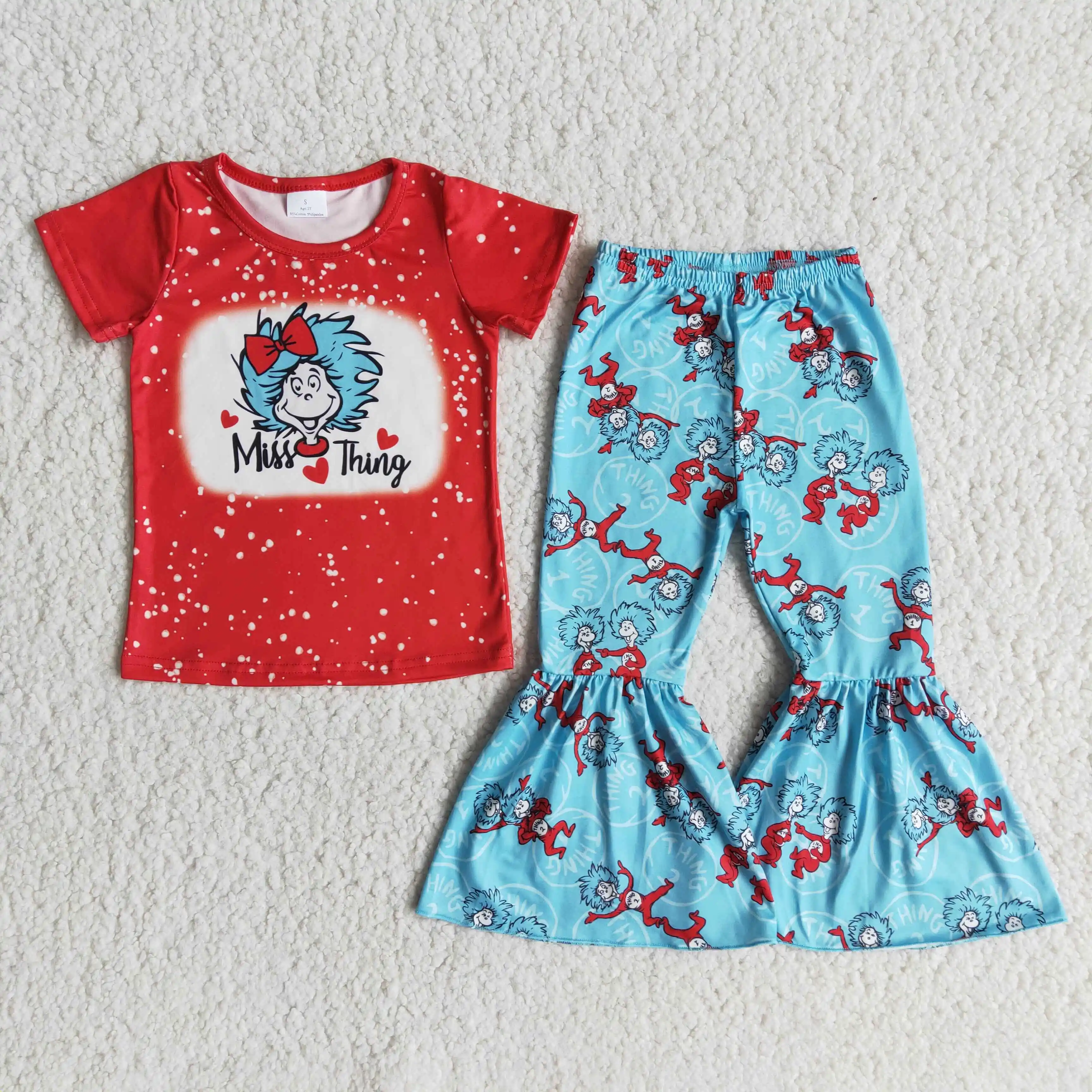 

Miss Thing Red Blue Cartoon Short Sleeve Bell Bottom Girls Outfits