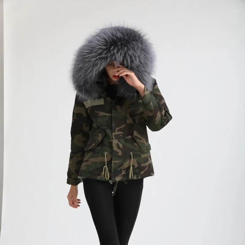 Женская камуфляжная куртка из натурального меха кролика с мехом енота | одежда