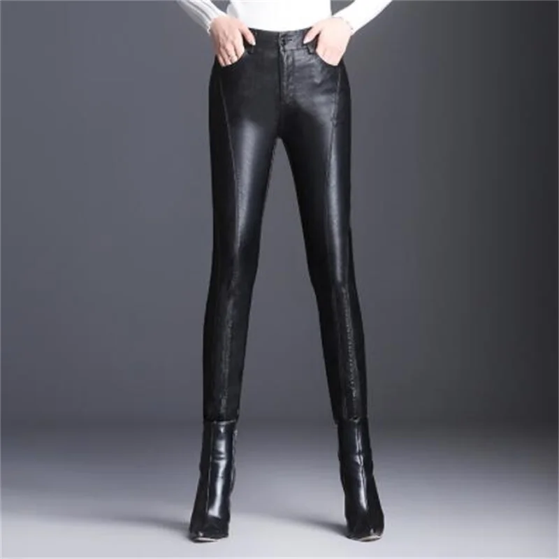 Feet leather pants women's fashion slim  tight-fitting elastic trousers black high-waisted  cashmere winter
