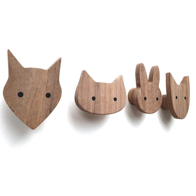 

DM 4pcs/Bag Oak Walnut Wood Solid Hooks Cute Animal Fox/cat/rabbit/dog Kid's Room Decoration Wall Hook Key Holder Nordic Hanger