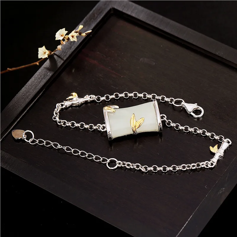 Bracelet Женские серьги в виде листьев бамбука из натурального серебра 925 пробы, с изображением панды, любимого бамбукового нефрита, комплект ювелирных изделий ручной работы - Цвет камня: Bracelet