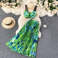 floral printed bohemian vacstion beach 2pcs set women sexy lace strapless tops and high waist pleated long skirt suits summer