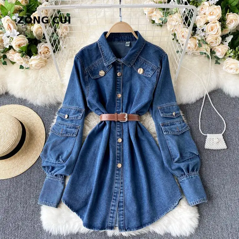 

Ladies spring New Fashion Retro Denim Shirt Workwear Women Mid-length Big pocket Long-sleeve Korean Slim Tops Jeans Blouse