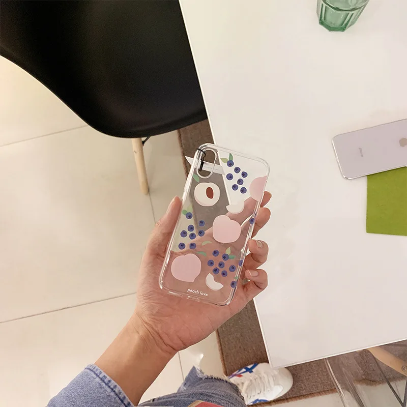 Summer fruit pink peach blueberry Korean girl phone case for coque iPhone 7 8 6 s plus XS max silicon For iphone cover X XR |