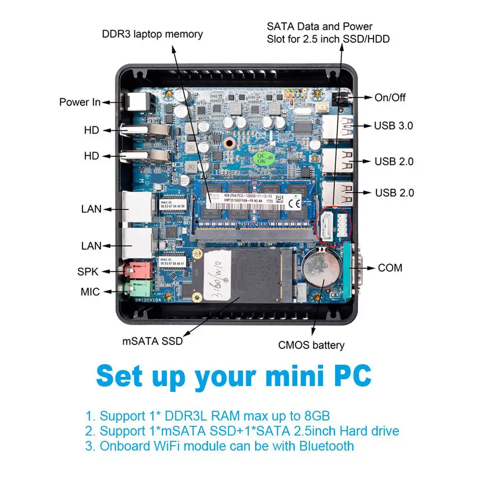 DDR3 8 Гб безвентиляторный маленький настольный ПК Intel Celeron N3160 J3160 четырехъядерный