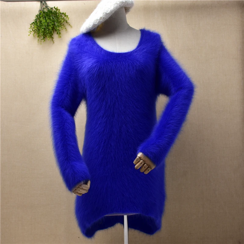 

lady women fashion hairy fuzzy mink cashmere knitted o-neck slim bottoming sleeves pullover angora fur jumper sweater pull dress