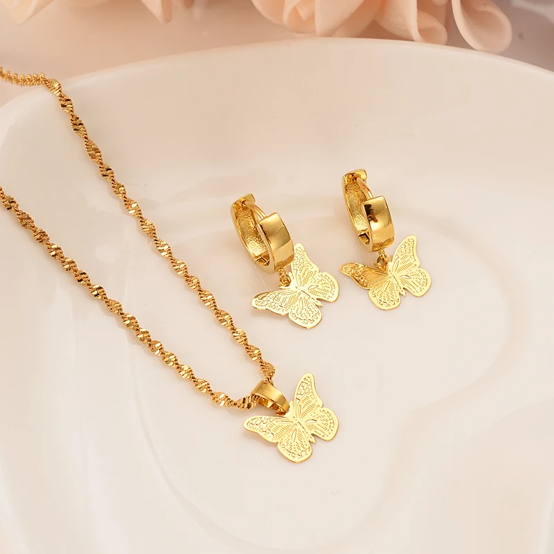 Милые Золотые Ювелирные наборы с бабочками свадебные комплекты подвеской