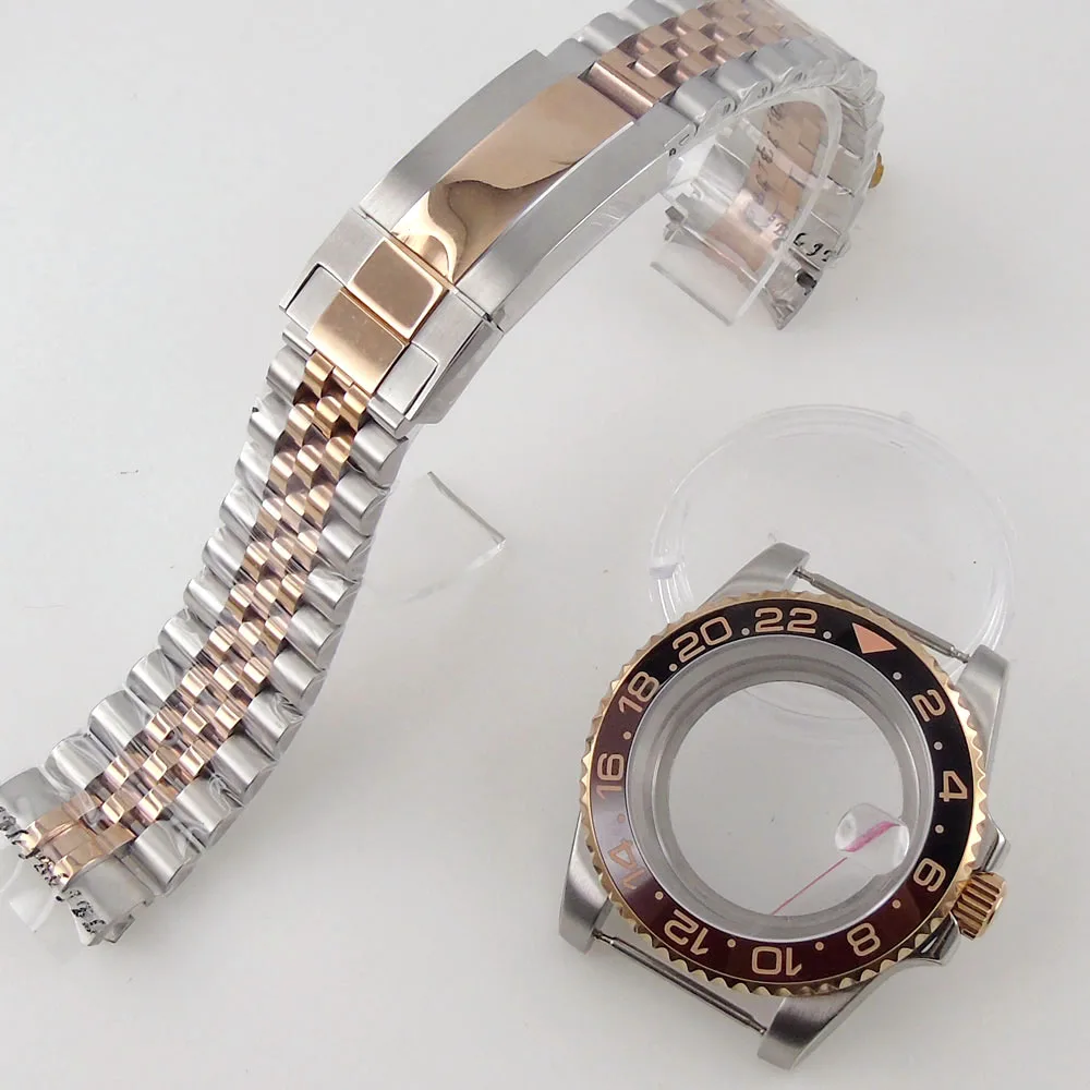Two Tone  Strap Automatic Watch Case Rose Gold Fit NH35A Seeing/Solid Back Sapphire Glass Rootbeer Insert
