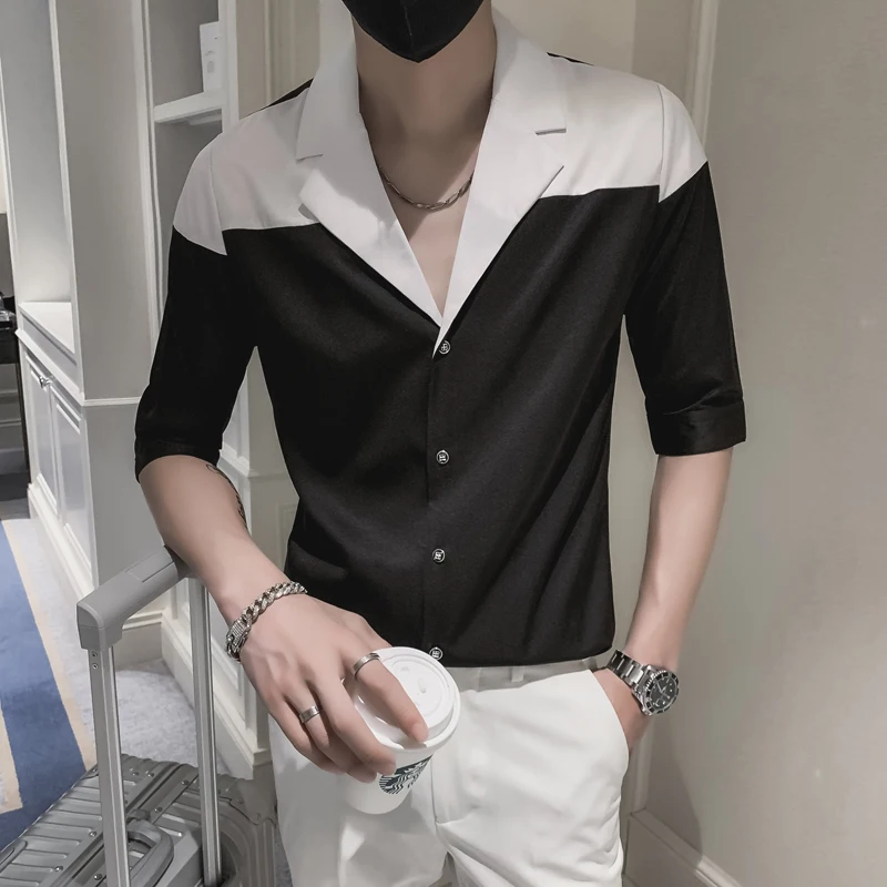 

Loldeal 3/4 Sleeve Shirt Men Slim Color Matching Polyester Fiber Comfortable and Casual