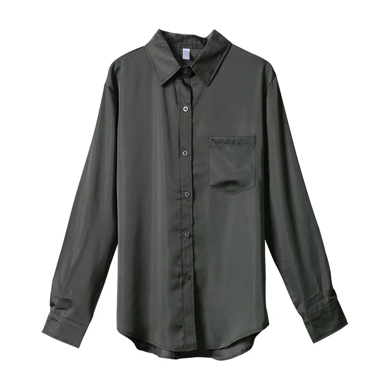 

New Women Spring Autumn Army Green Rayon Long sleeve Shirt Ladies Solid Color Plus Size Blouses Female Brand Casual Tops ZM423