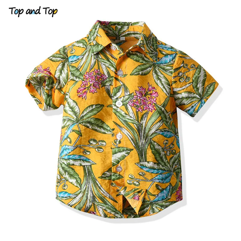 Top and Top Hawaiian Style Kids Boys Casual Outfit Short Sleeve Cotton Tshirt+Printed Shirt+Shorts Children 3Pcs Suits for Beach