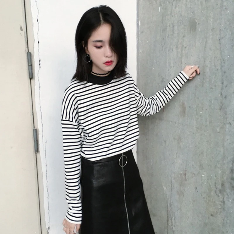 

Long Sleeve T Shirt Female Women'S Black White Striped Tshirt Cotton 2020 Spring Autumn Tee Shirt Lady Tops Basic Plus Size