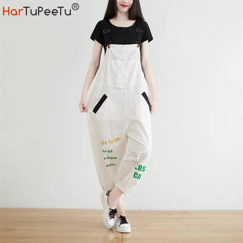 Summer Autumn Loose White Jumpsuit Cotton Women Letters Print Ripped Baggy Bib Pants Bunch Bottom Ankle-Length Mom Overalls