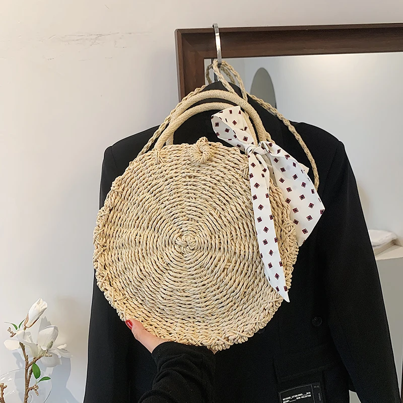 

Large Straw Woven Women Round Bag Brand Design Shoulder Handbags Big Woven Tote Bag Female Summer Travel Crossbody Messenger Bag