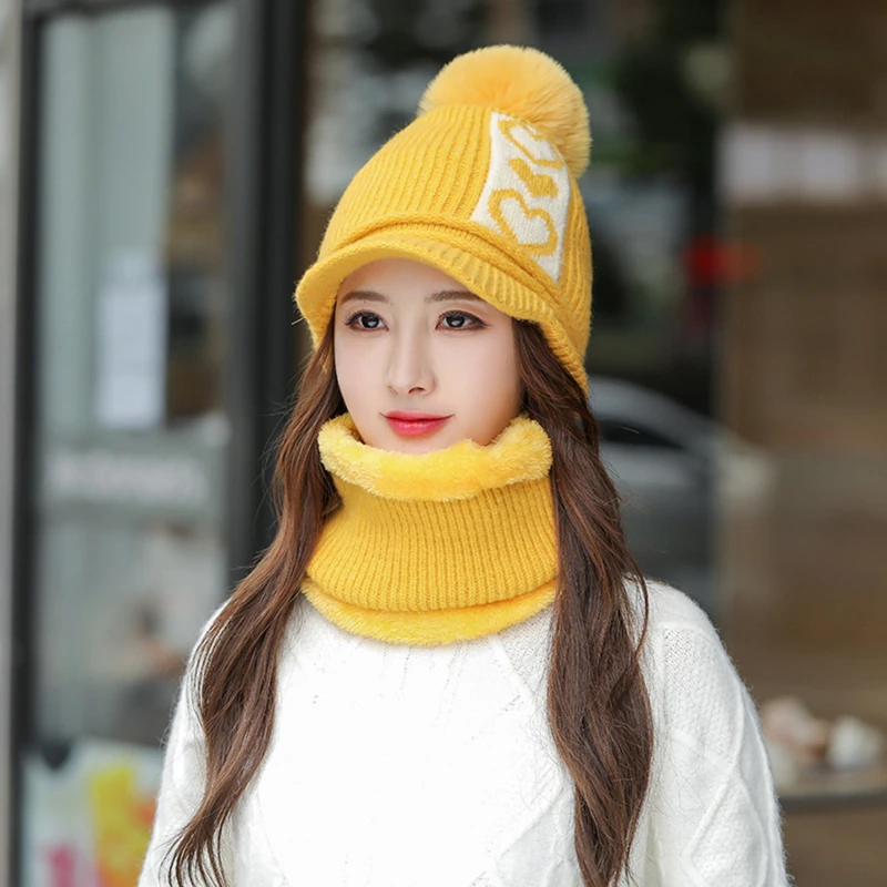 Windproof Hats Women's Scarf Set Winter And Scarves 2-piece Fashion Knitted Cold-proof Warm Outdoor Riding | Аксессуары для