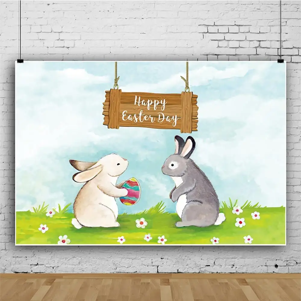 

Happy Easter Day Rabbit Eggs Spring Grassland Flower Cartoon Backdrop Vinyl Photography Background Custom Photophone Photozone