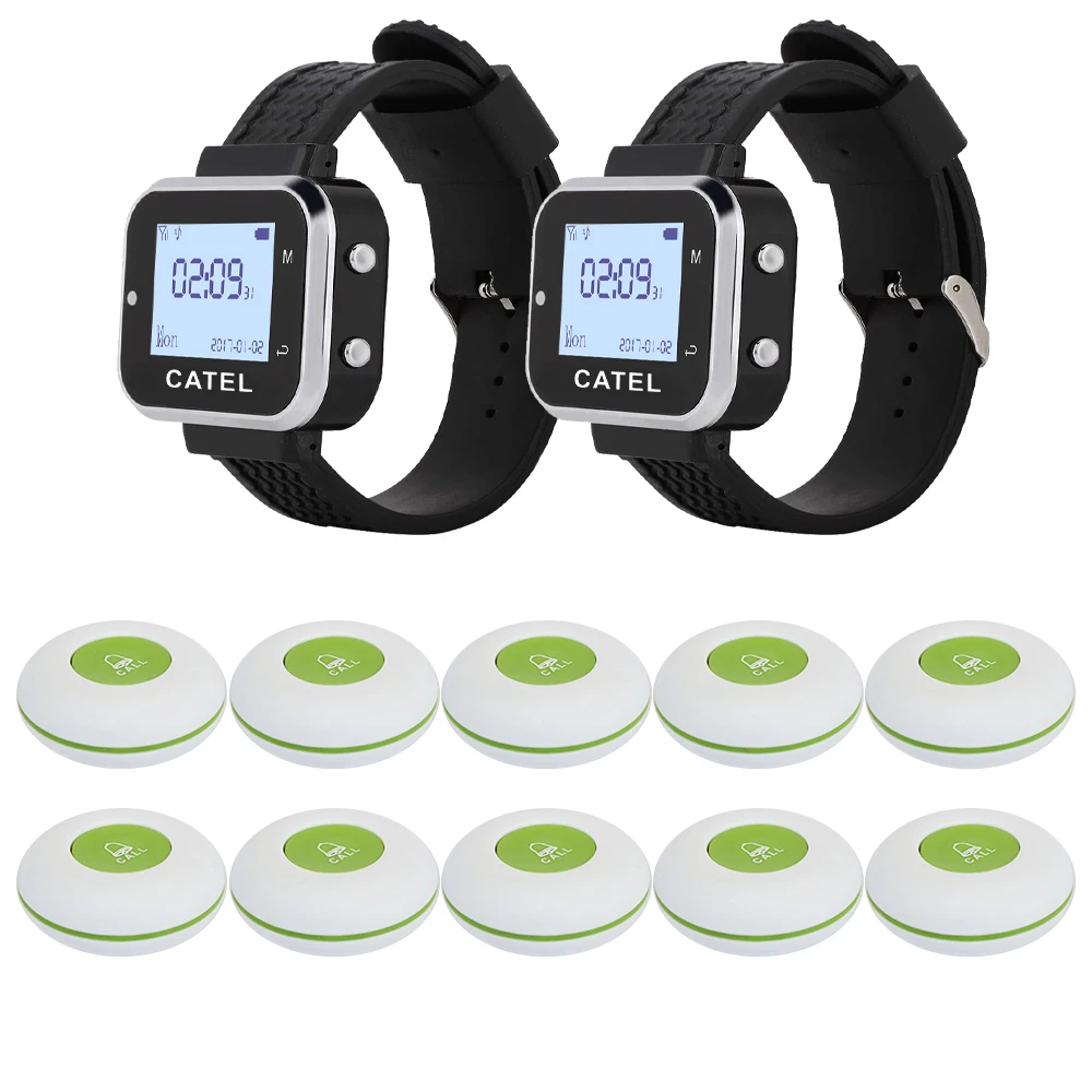 CATEL Waterproof Wireless Calling System 10 Call Button Transmitter 2 Watch Paging Pager Restaurant Waiter Service Bell Buzzer