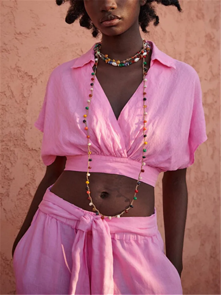 

ZA European and American style 2021 summer new sweet all-match V-neck closed waist linen short shirt Women's Wear