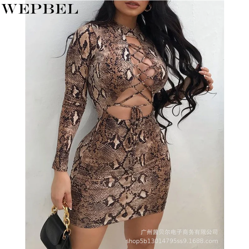 

Mandylandy Women Sexy Snake Print Bandage Bodycon Dress Ladies Elegant Fashion Long Sleeve Hollow Out High Waist Slim Fit Dress