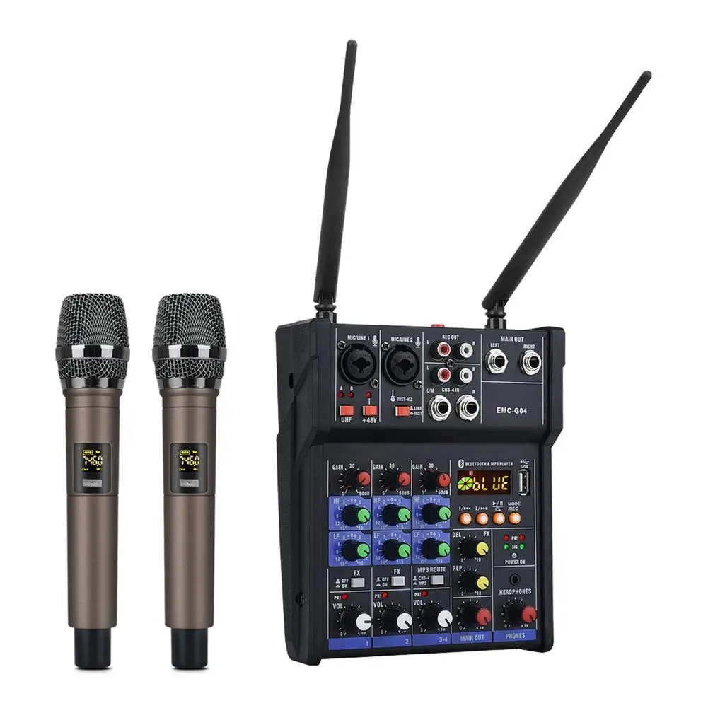 

Stereo Audio Mixer Build-in UHF Wireless Mics 4 Channels Mixing Console with Bluetooth USB Effect for DJ Karaoke PC Guitar