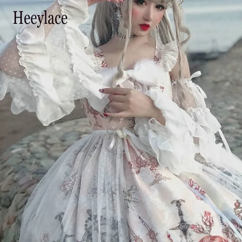 

Japanese Gothic Jsk Lolita Dress Women Vintage Victorian Sleeveless Bow Princess Tea Party Dresses Girls Chic Print Lolita Dress