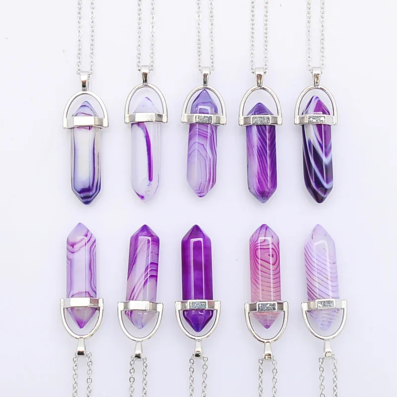 

Stripe Agate Chakra Reiki Healing Necklace Hexagon Prism Crystal Pendant Necklaces