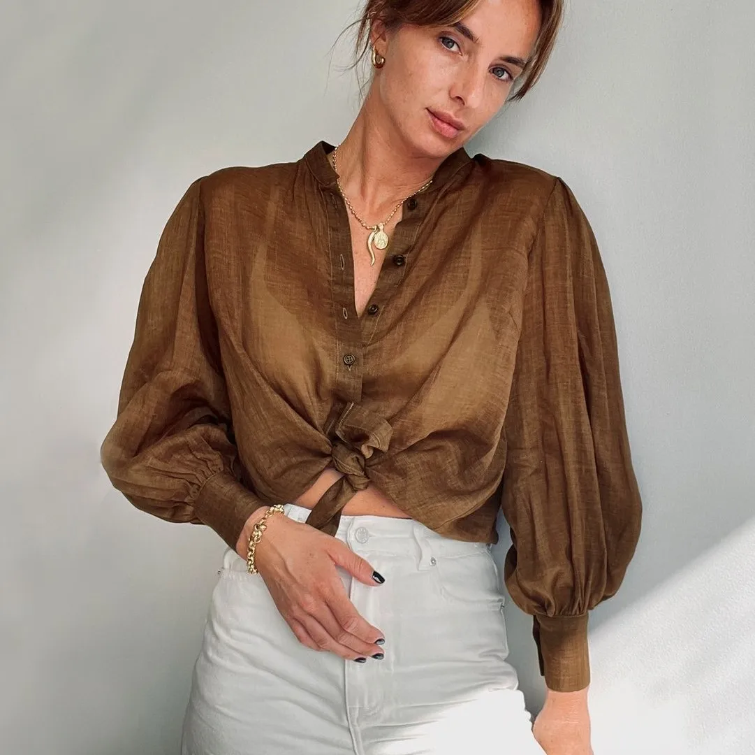 

Women’s Blouse Autumn 2021 Wear Spring Casual Puff Sleeve Shirt Fashion Solid Color Stand Collar Single-breasted Cardigan
