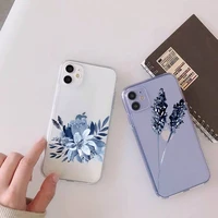 blue ink tree branch leaf art flower2 phone case for iphone 13 12 11 mini x xs xr pro max 8 7 6s 6 plus transparent soft