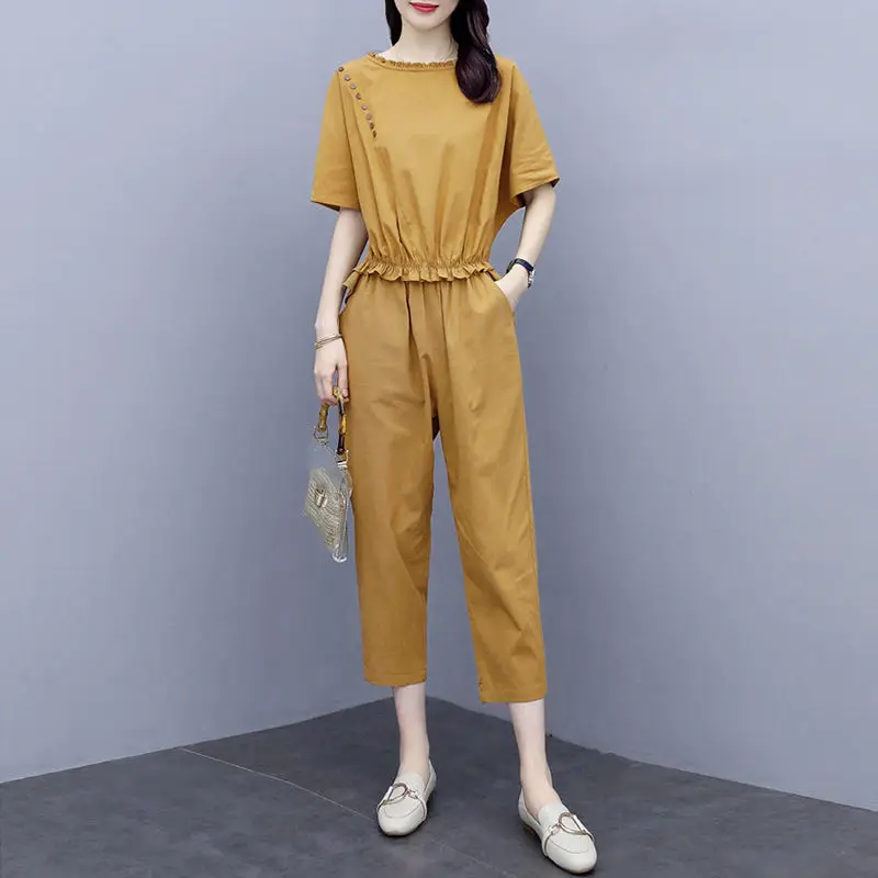 

2021 новые летние женские модные однотонные свободные спортивные штаны костюм из двух предметов, топ с короткими рукавами + брюки с завышенно...