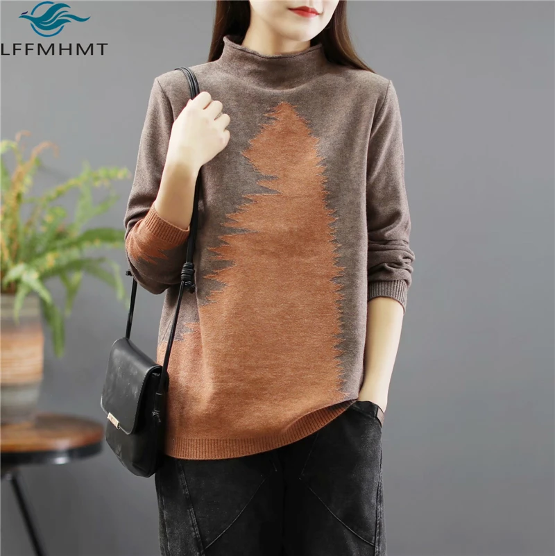 

Women Winter New Fashion Long Sleeve Patchwork Mock Neck Knitted Sweater Office Lady Casual Loose Pullover Vintage Chic Knitwear