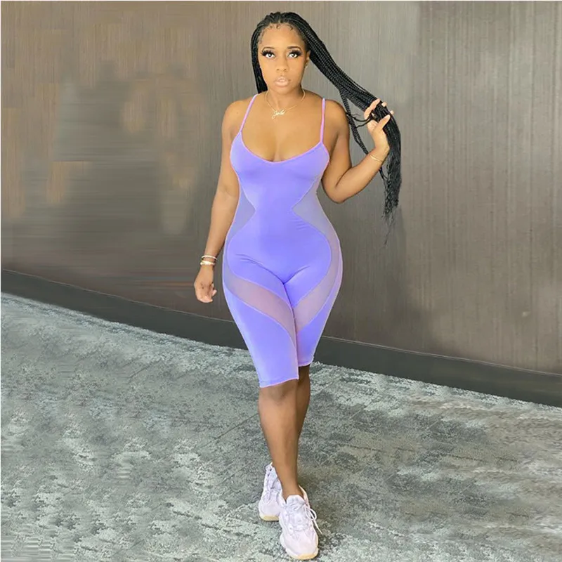 

Sexy Women Sheer Mesh Patchwork Jumpsuit Sleeveless Party Club Bandage Rompers Shorts Outfit New Spaghetti Strap Skinny Overalls