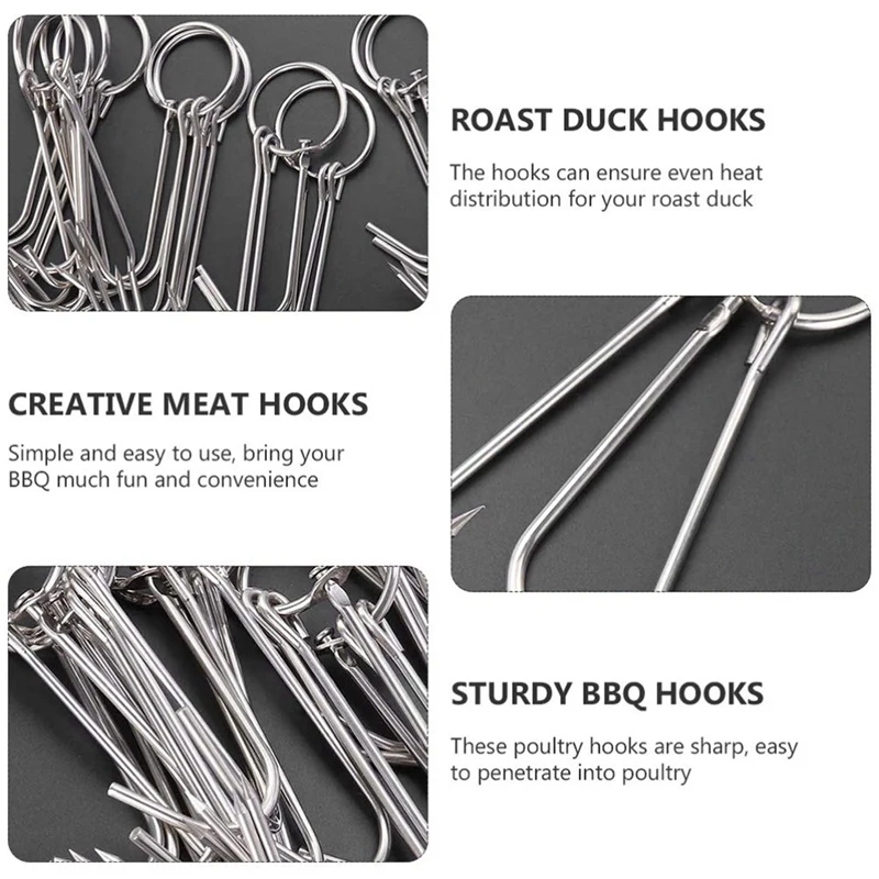 

10Pcs Stainless Steel Double Meat Hanger Drying Roast Hook for Duck Bacon Hams Meat Butcher BBQ Grill Cooking Hook