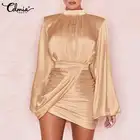 Celmia 2022 женское сексуальное атласное платье, Осеннее элегантное короткое мини-платье с длинным рукавом-фонариком, повседневное вечернее платье с запахом и высоким воротником