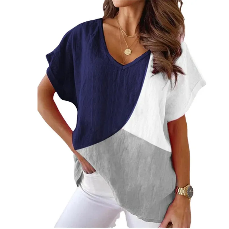 

Short Sleeve T-Shirts Women Geometric Print Shirts Tee Loose Casual Tops Summer Linen V-Neck Streetwear T-Shirt Pullover 2XL Top