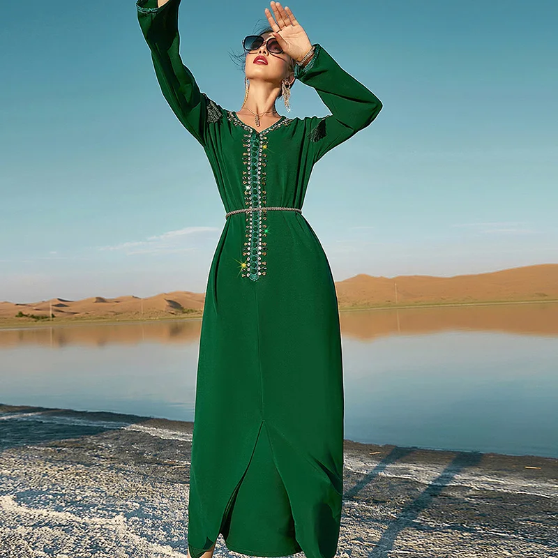 Рамадан ИД исламское модное платье халат ручная работа бриллиантовое этническое кимоно Дубай абайя турецкое женское платье кафтан зеленый...
