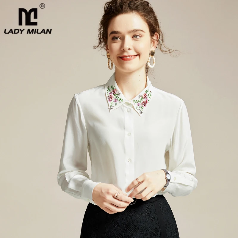Женская рубашка из 100% шелка модная Элегантная блузка Футболка с отложным