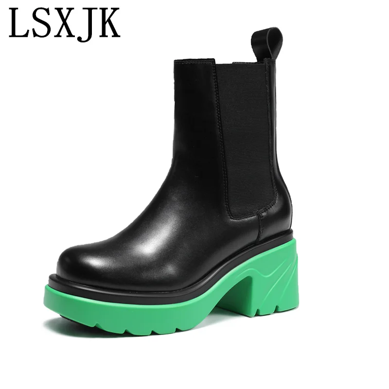 

Белые женские ботинки-мартинсы LSXJK, новинка 2021, короткие ботинки на высоком каблуке, дымчатые ботинки на толстой подошве, модная женская обувь