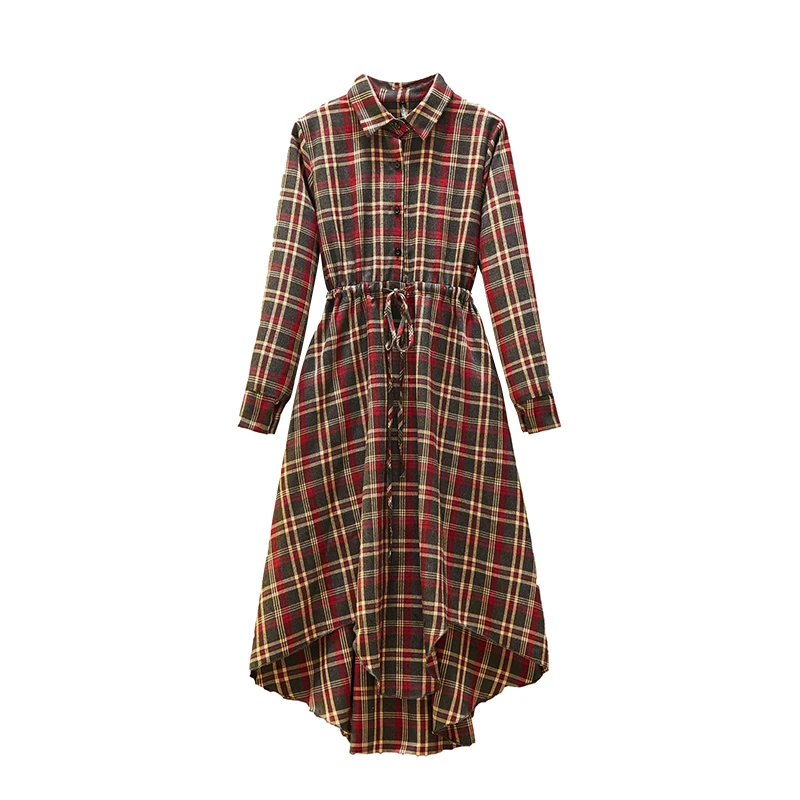 

VICONE Plus size spring a new micro fat mm accept waist show thin wind shirt plaid shirt long dress female