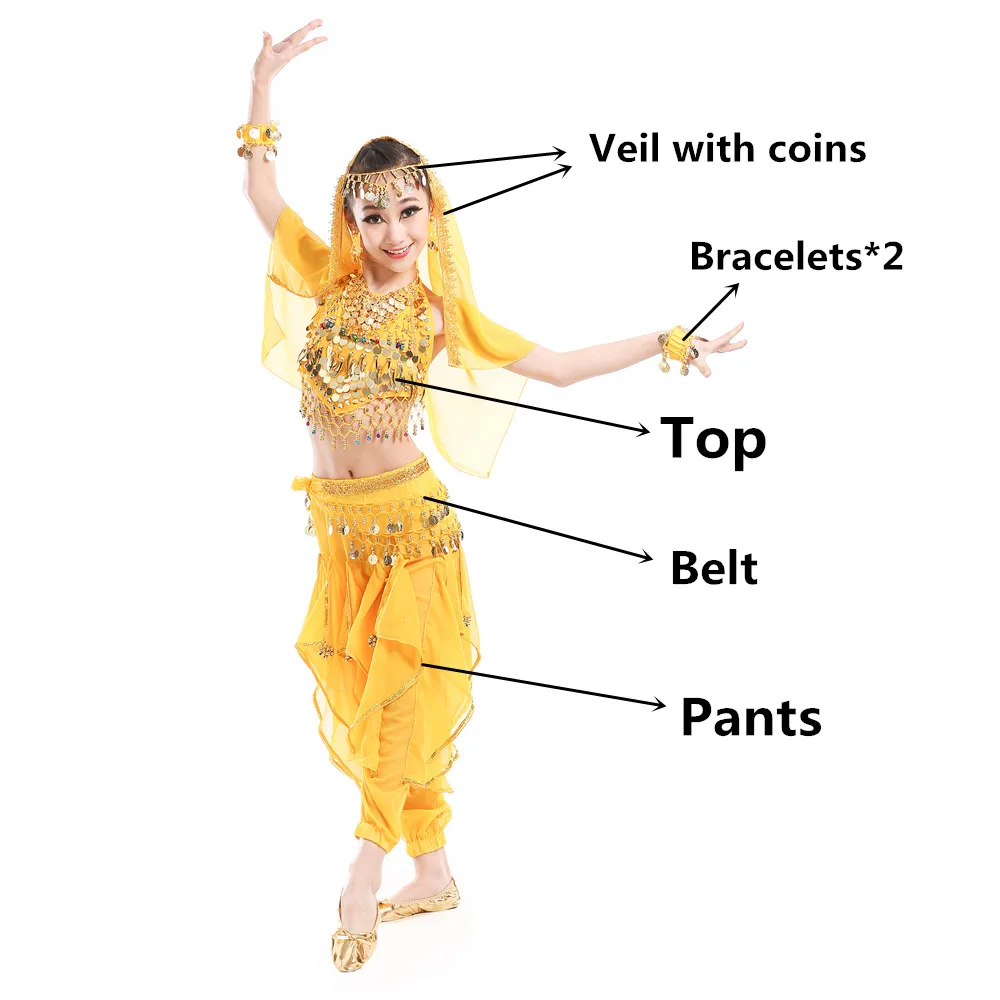 Yellow 6pcs Костюмы для танца живота, детские костюмы для восточных танцев живота, танцевальные костюмы для индийского танца живота, одежда для танца живота, детские индийские костюмы - Цвет: Yellow 6pcs