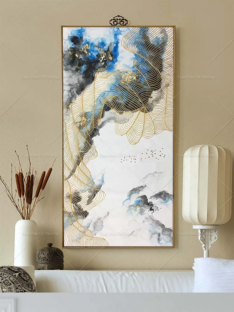 Синее Море золотая линия тропический цветок Дерево гостиная ресторан украшение