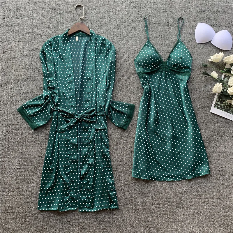 Женский Атласный халат кимоно с принтом в горошек комплект свадебного банного