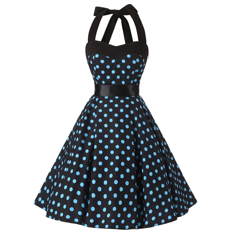 

Halter Sexy Dress 2021 Plus Size Women Cotton Vintage Dress 50s 60s Lace Up Back Black Polka Dot Summer Dresses VD0525