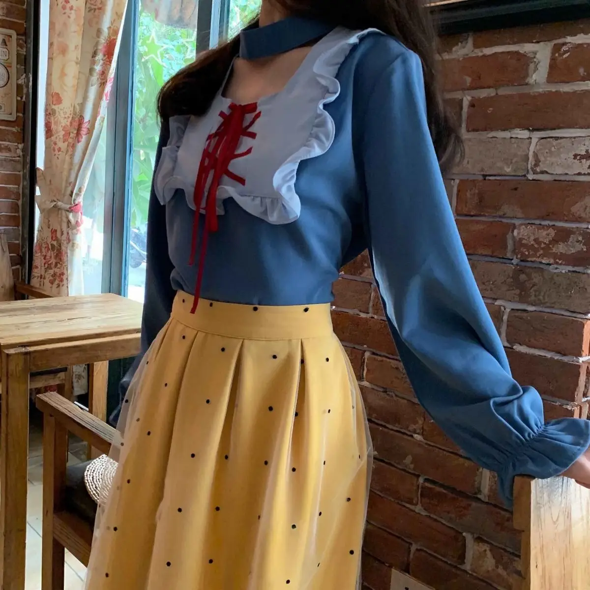 Luck A/Милая женская одежда в японском стиле Mori Girl топ с бантом и юбка горошек