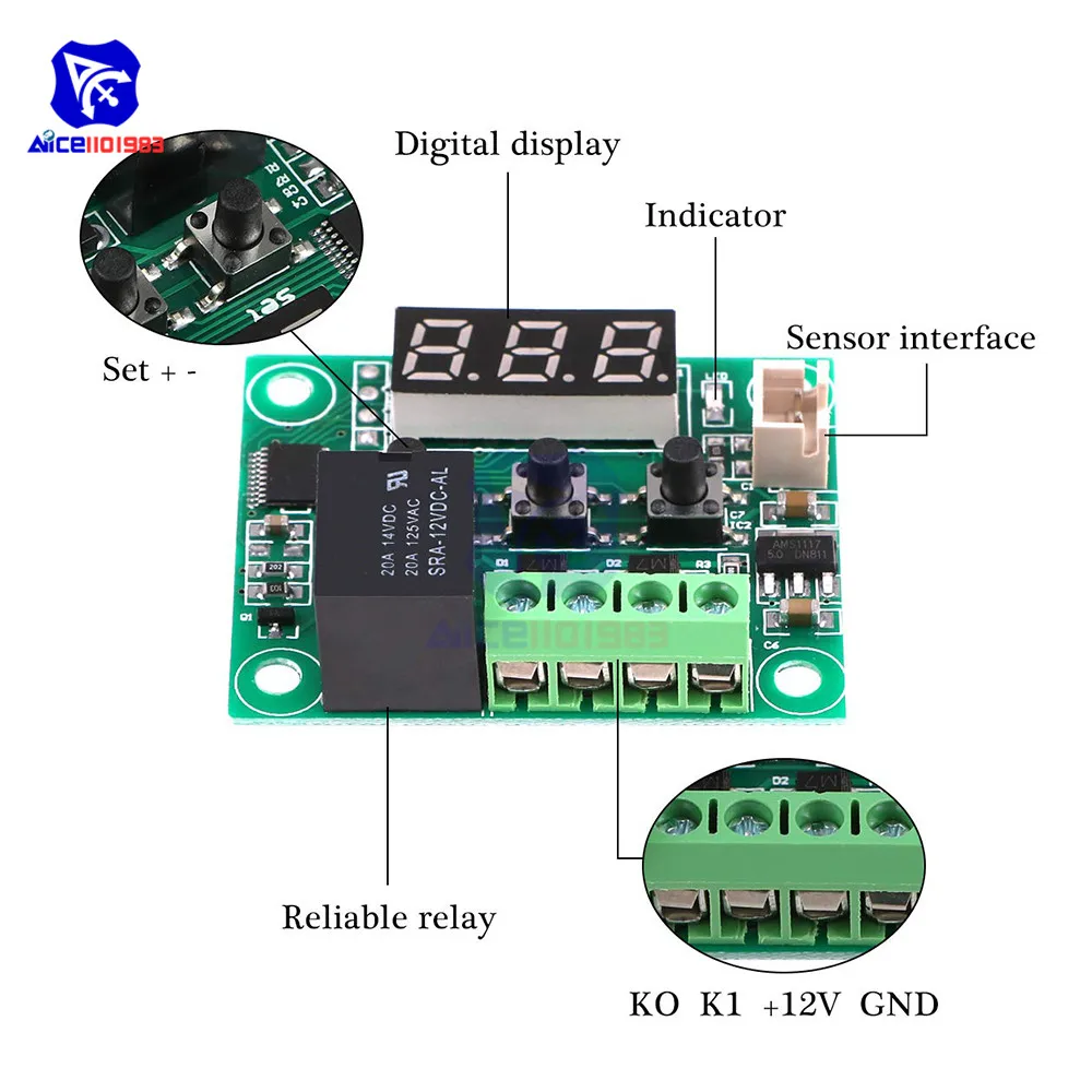 Diymore W1209 DC 12V LED Цифровой фотомодуль температурный контроллер/w NTC термистор
