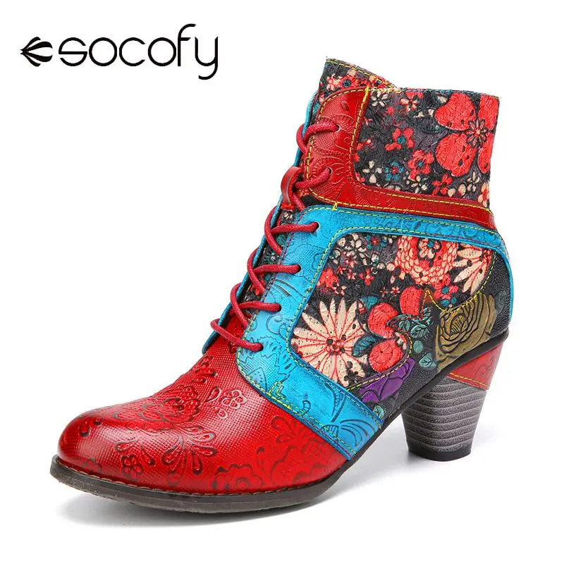 

SOCOFY Retro Style Genuine Leather Boots Flower Embroidery Splicing Warm Winter Heel Short Boots Casual Party Botas Mujer 2020