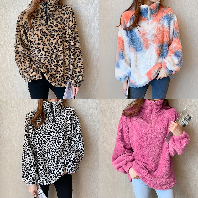 

Hoodie Women Plus Velvet Warm Leopard Print Women'S Sweatshirt Autumn And Winter Stand-Up Collar Zipper Fashion Jacket Top
