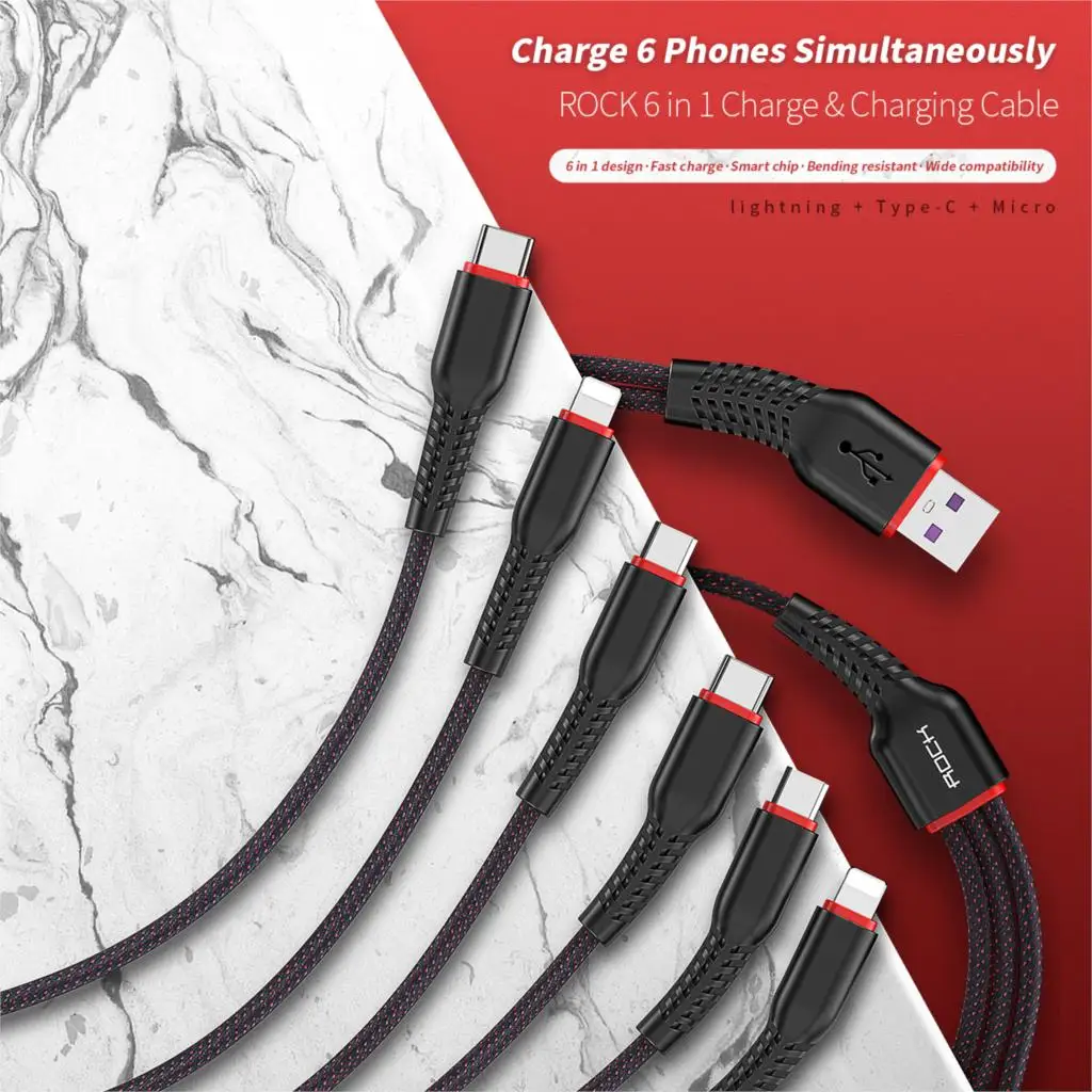 ROCK 6 в 1 usb-кабель для iPhone X XR 8 Lighting type C Micro кабель для samsung S9 S8 Высокопрочный металлический плетеный кабель для быстрой зарядки