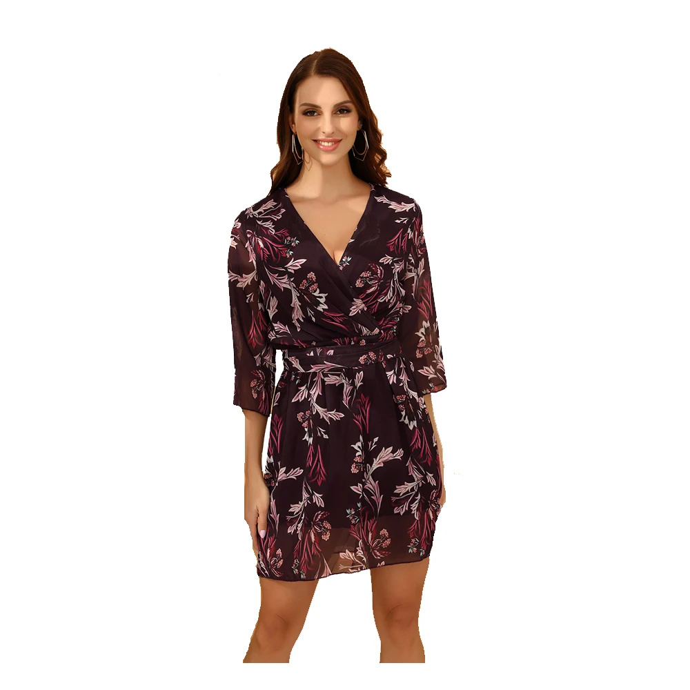 

American Style Sexy Women V-Neck Half Sleeves Printed Chiffon Dress For Girls Mini Length Vestido With Sashes Purple FS1314