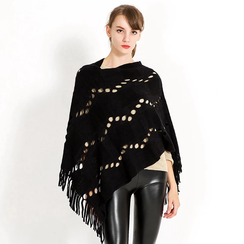 

Autumn Winter Girls Square buckle Fringed Decroation Warm Shawl Color Matching Wool Cloak Scarf Shawl