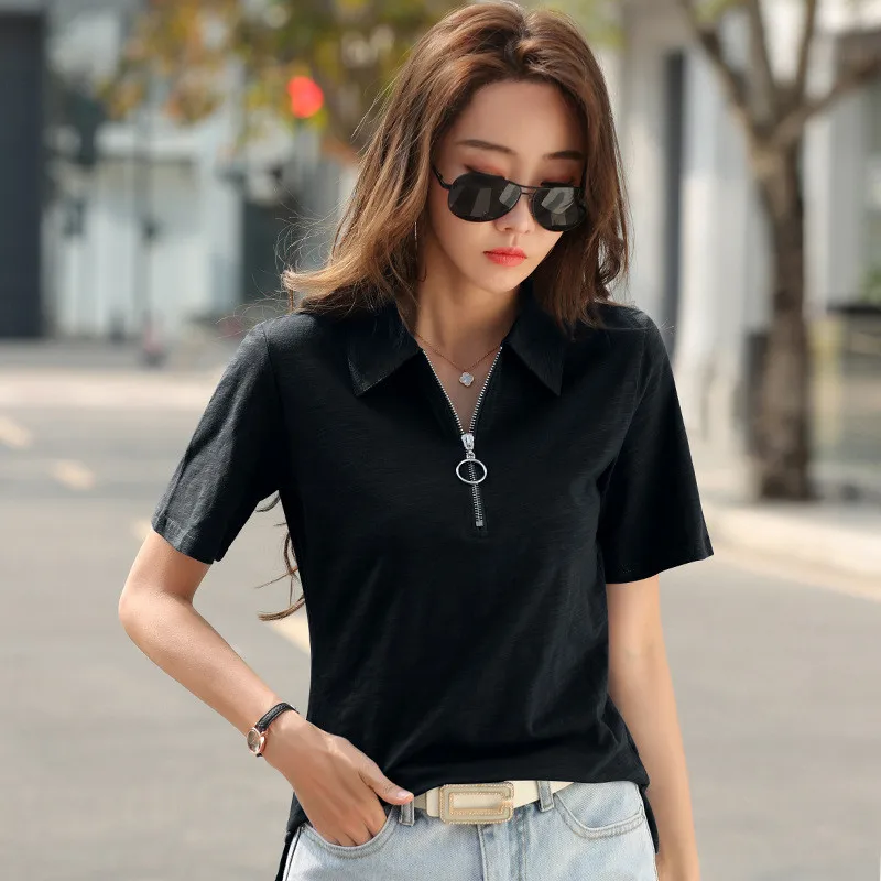 

Short-sleeved t-shirt women 2021 summer new cotton Polo shirt loose large size was thin Korean version of the lapel top N120